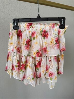 LoveShackFancy White Mini Skirt with Pink & Red Floral Print